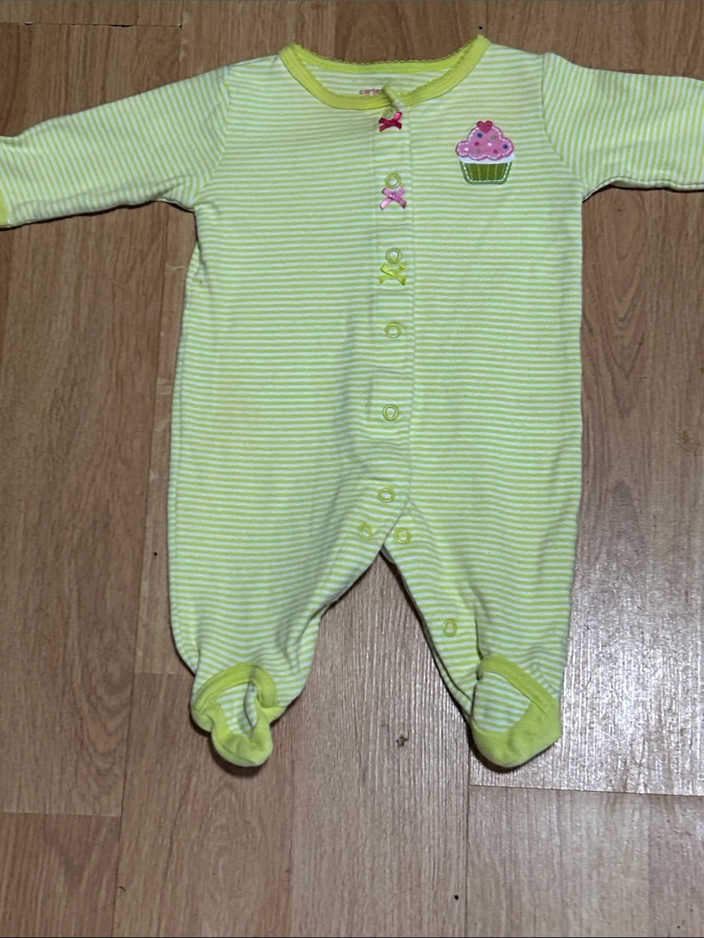 Carter's Yellow Striped Footed One-Piece with Pink Cupcake Applique Size 3 Mont
